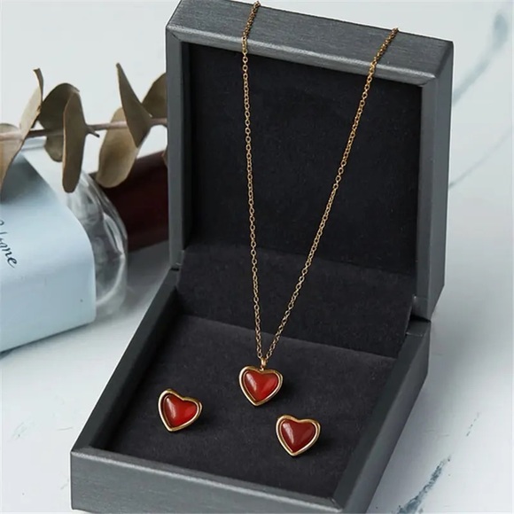 ◾️18k Gold Plated Red Agate Stone Heart Pendant Clavicle Necklace Chain - Picture 11 of 12